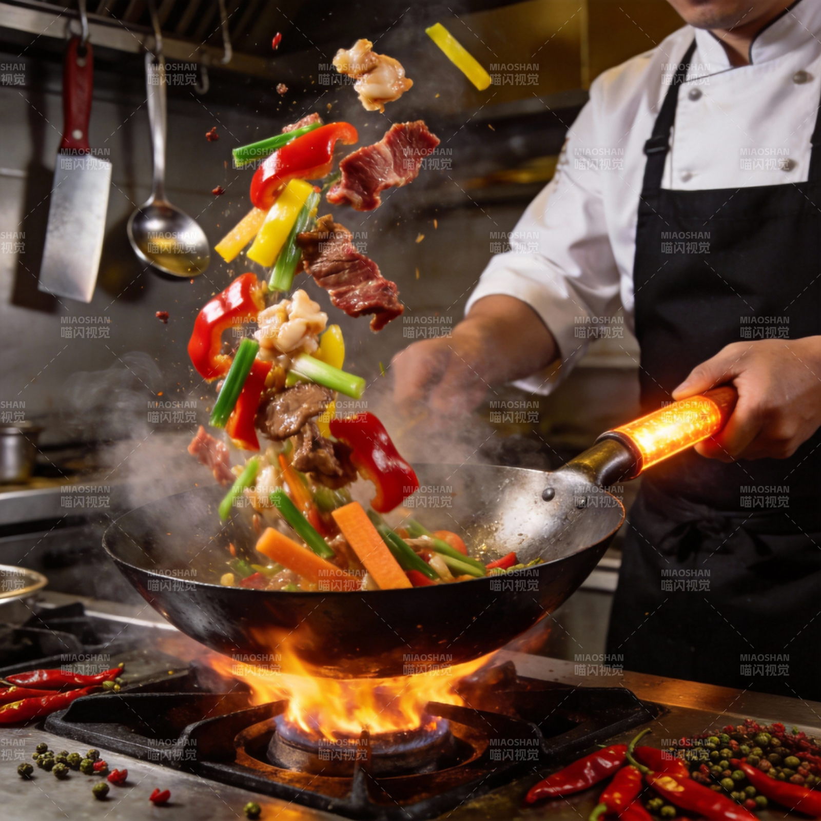 猛火翻炒美味佳肴图片