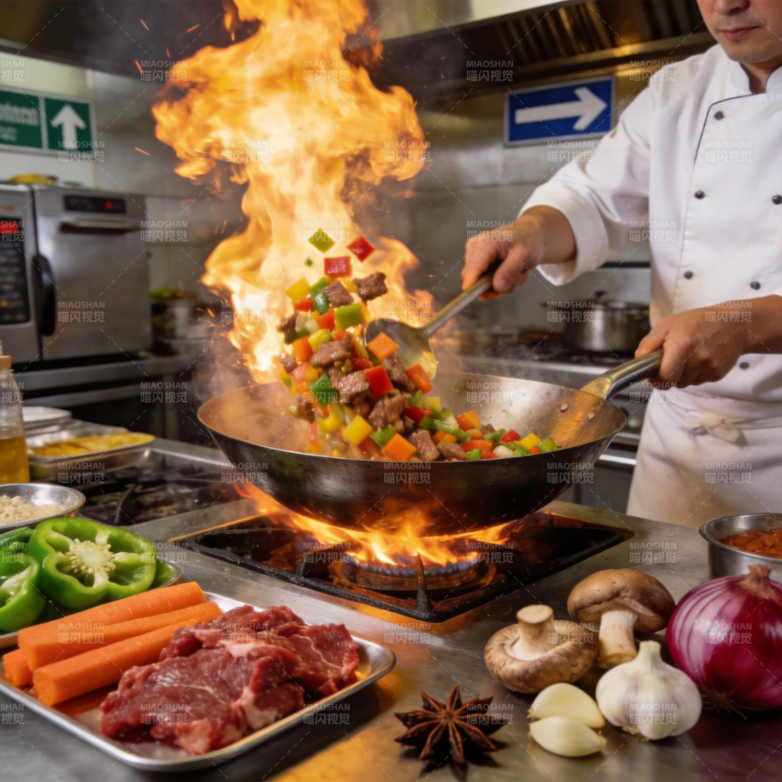 火焰炒菜 厨艺精湛图片