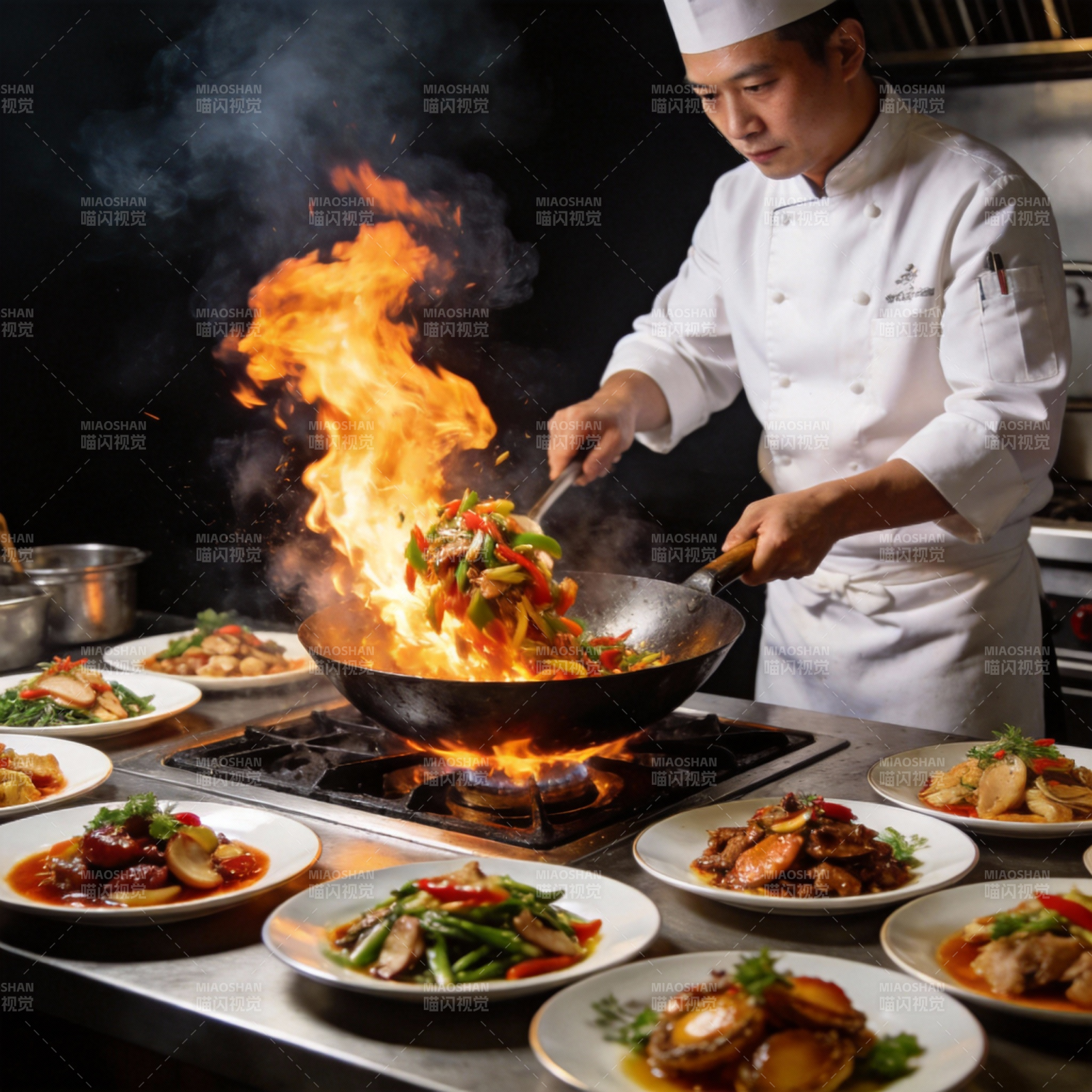火焰炒菜 厨艺精湛图片
