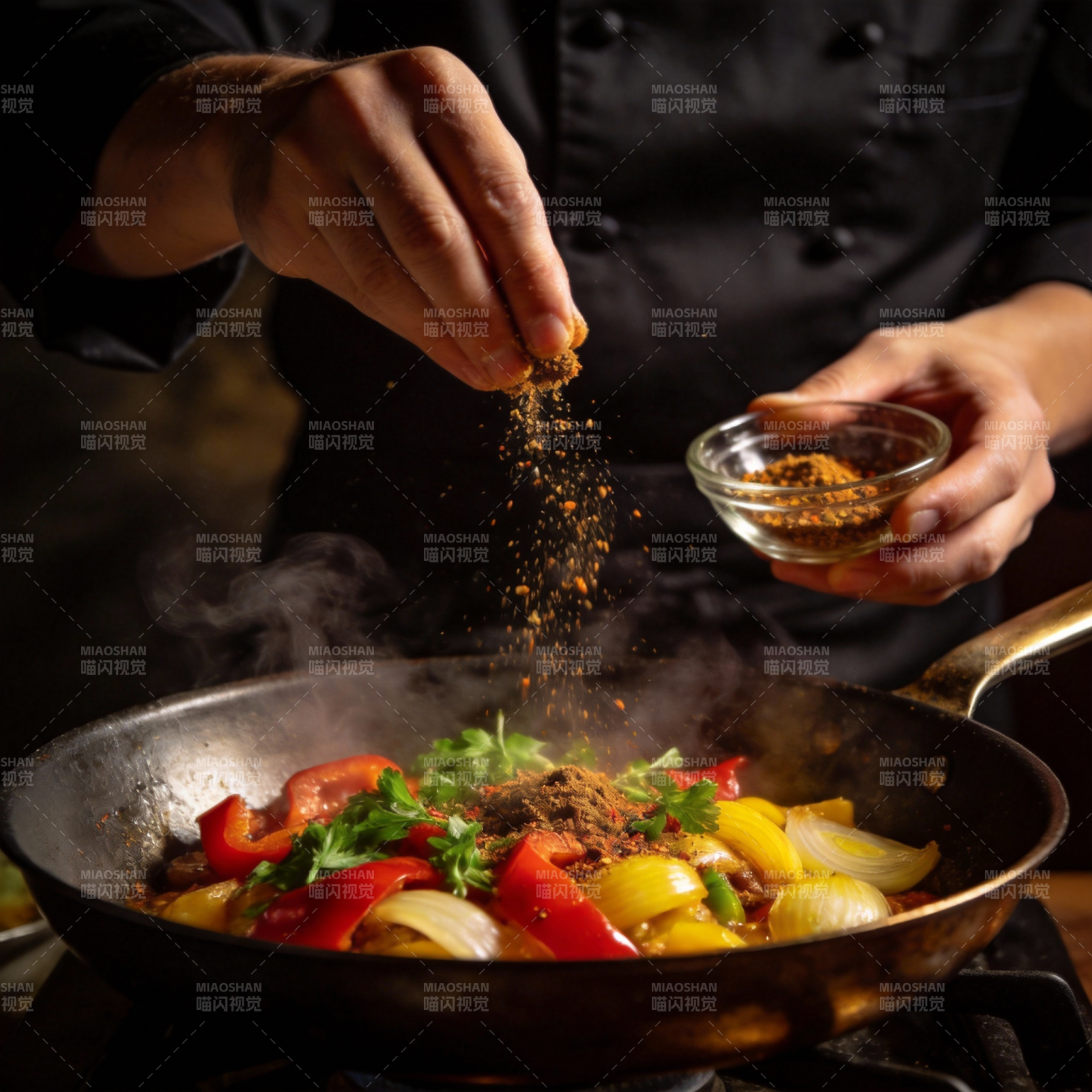 香料撒入热锅图片