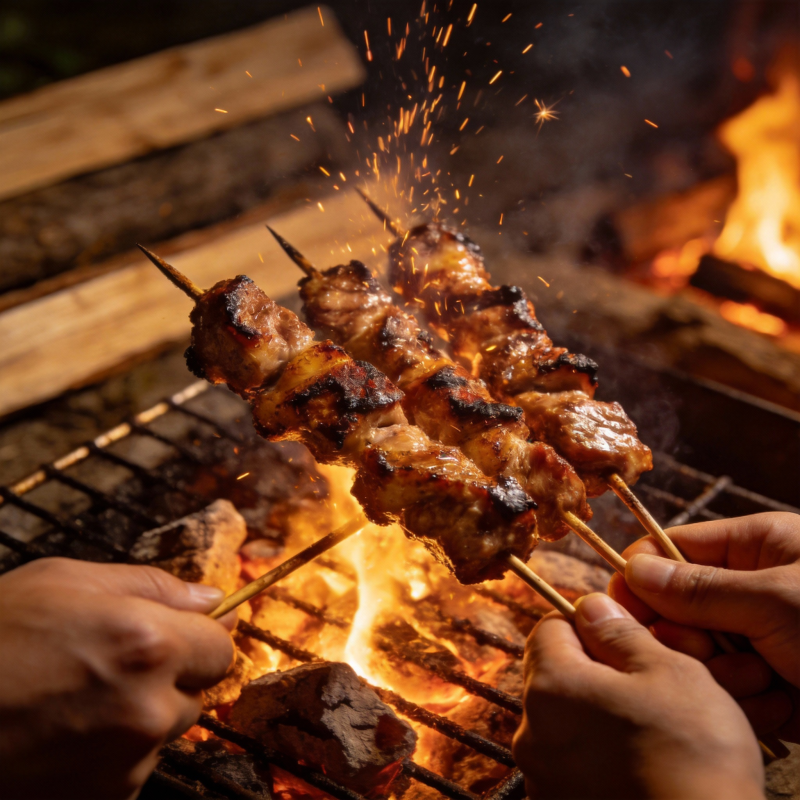 篝火烤肉香飘四溢图片