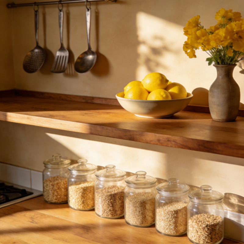 阳光厨房里的谷物与柠檬图片