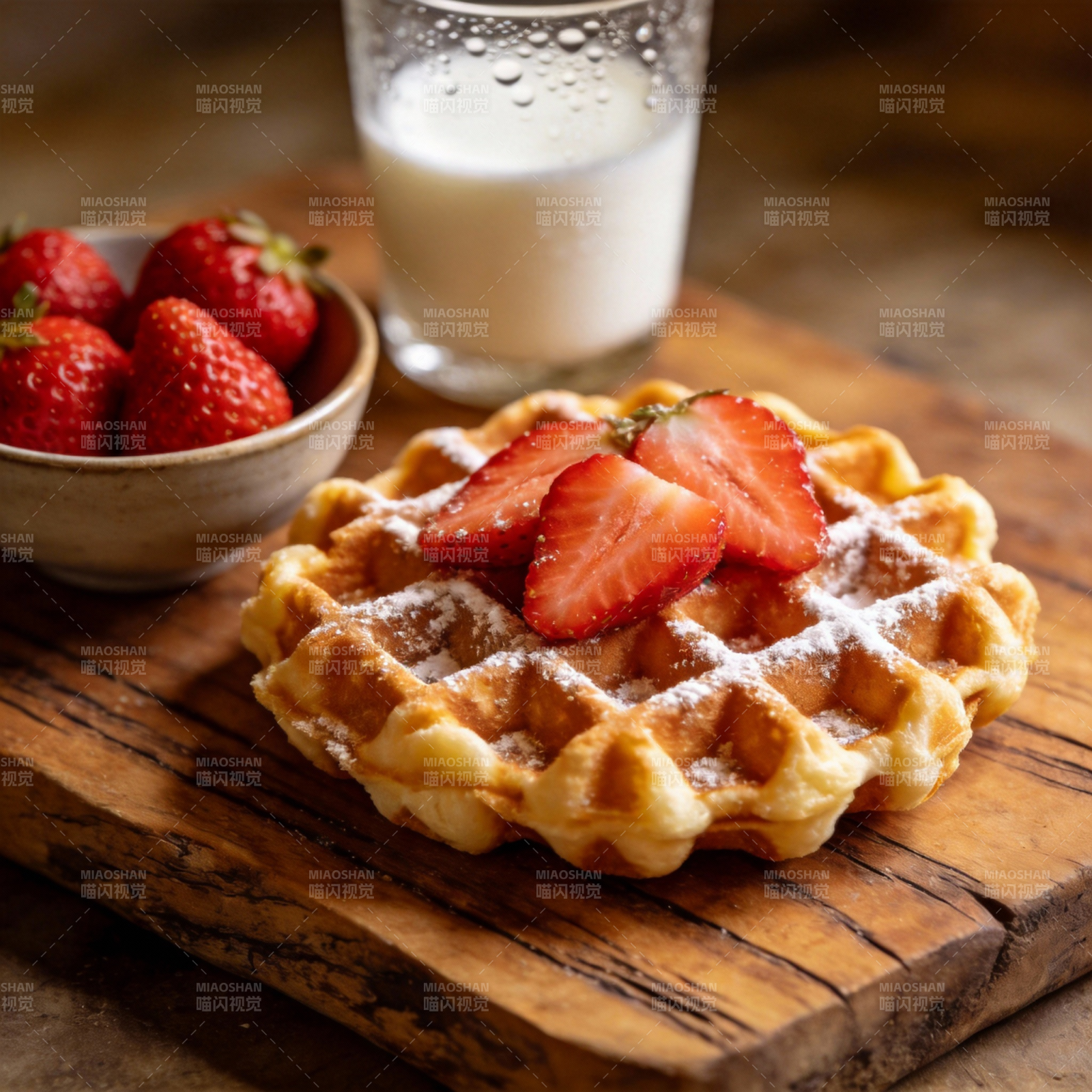 草莓华夫饼配牛奶图片