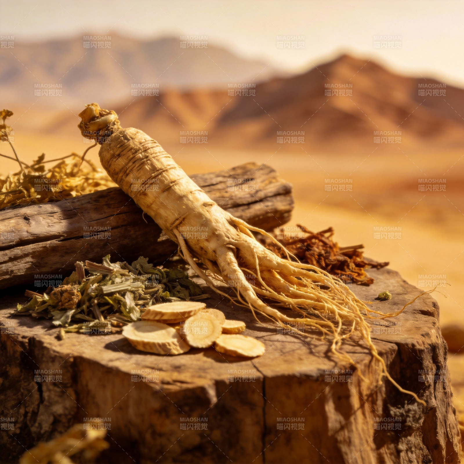 人参静置木桩上图片