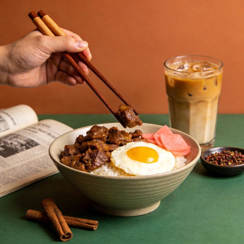 美味牛肉饭配煎蛋图片