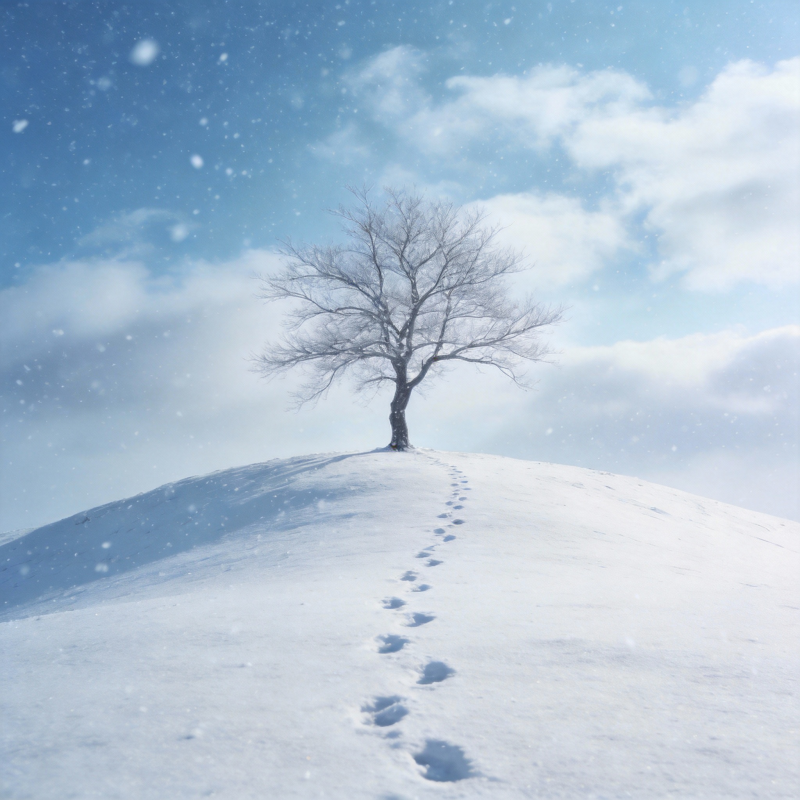 雪径孤树图片