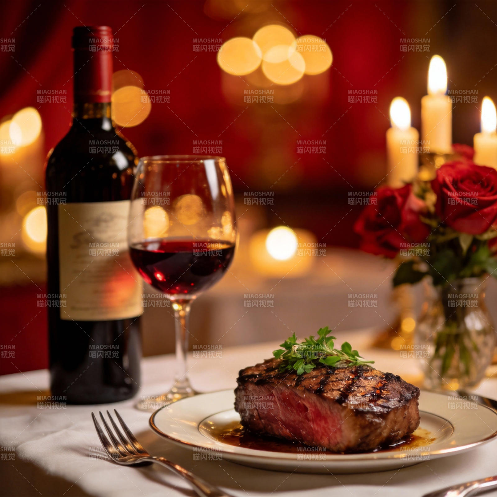 烛光晚餐 红酒牛排图片