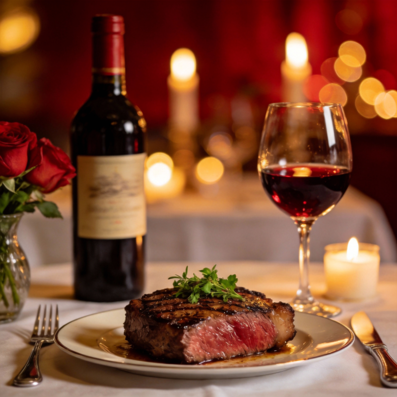 浪漫晚餐 牛排配红酒图片