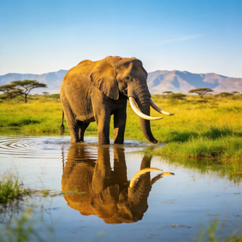 大象饮水倒影图片