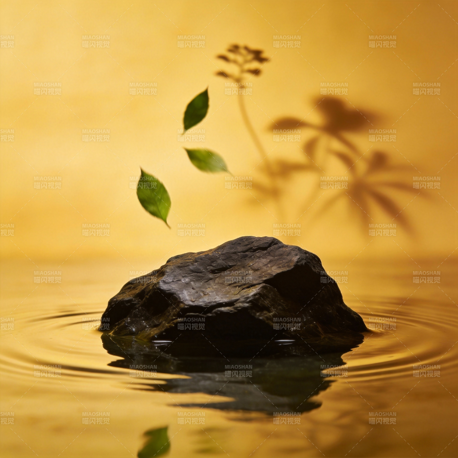 禅意静水石叶影图片