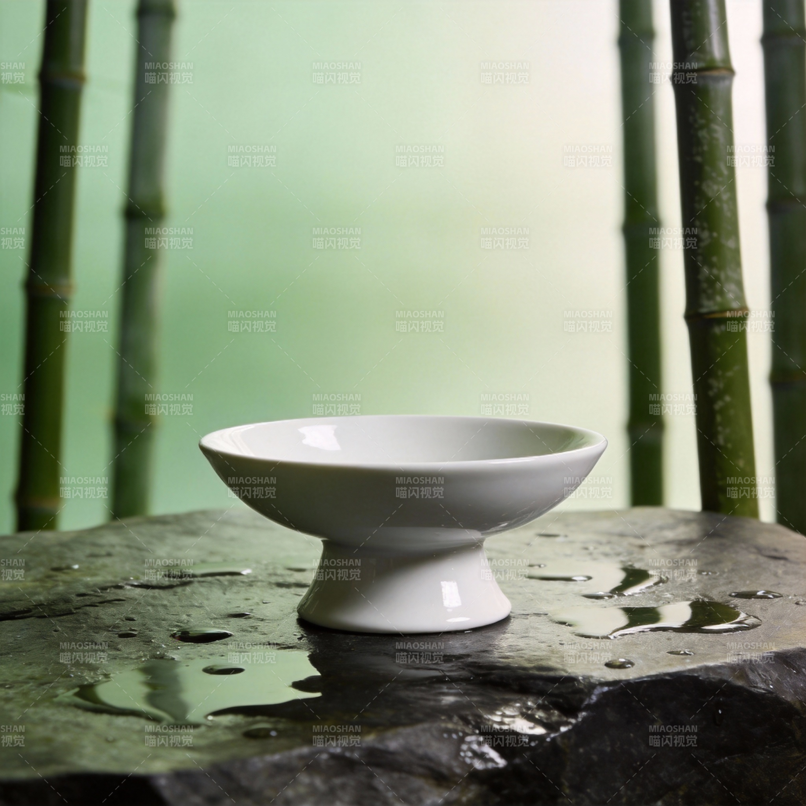 竹影禅意白瓷碗图片