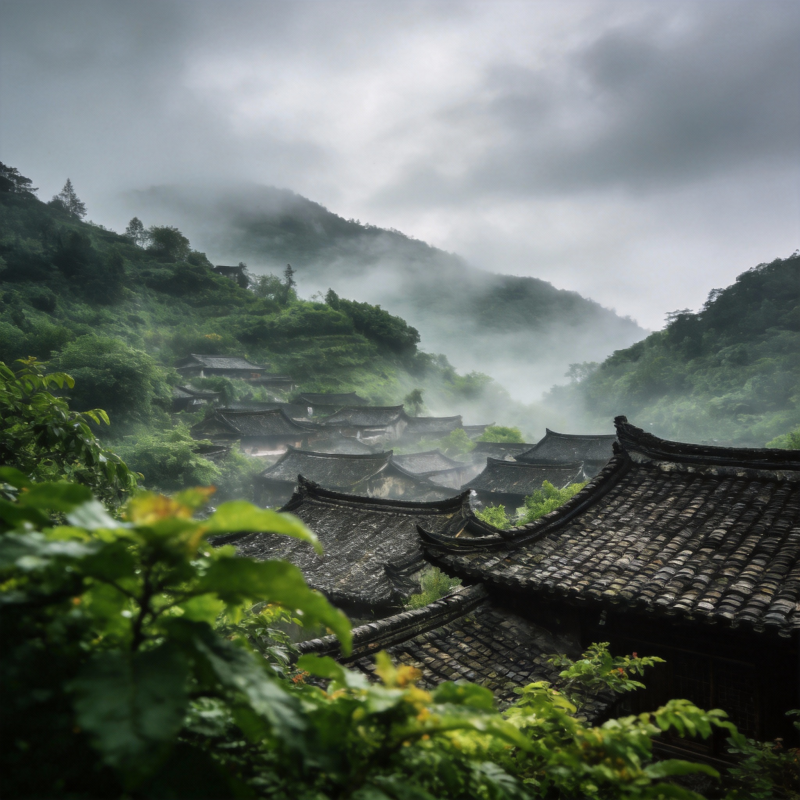 雾锁古村屋檐图片
