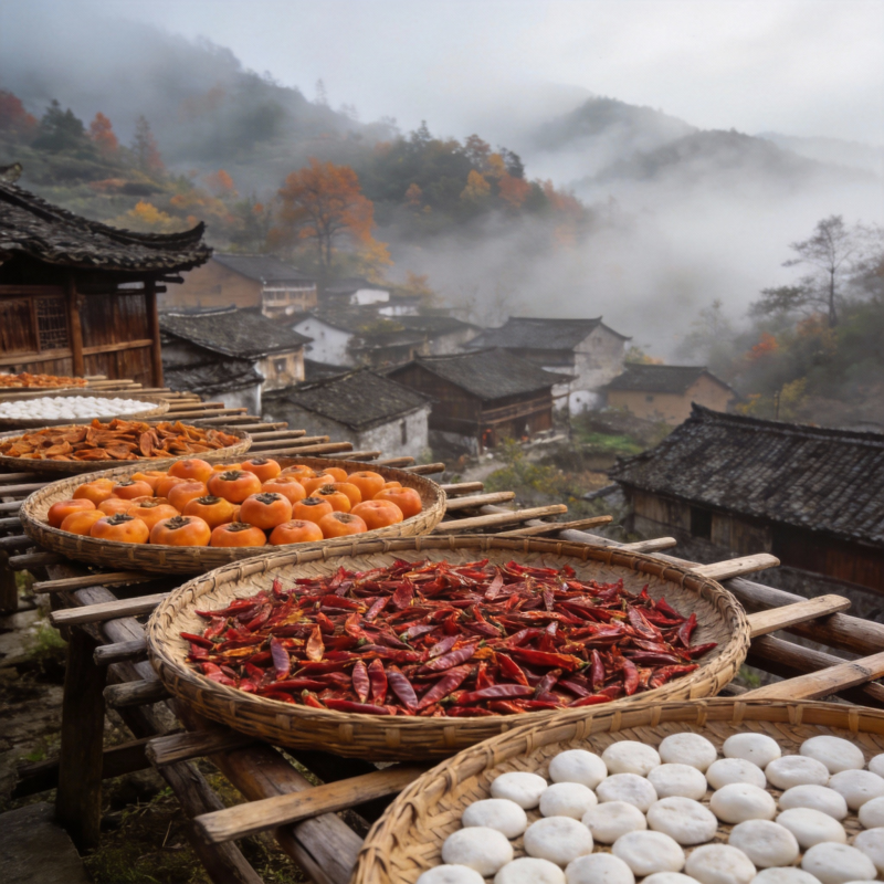 山间晒秋图图片