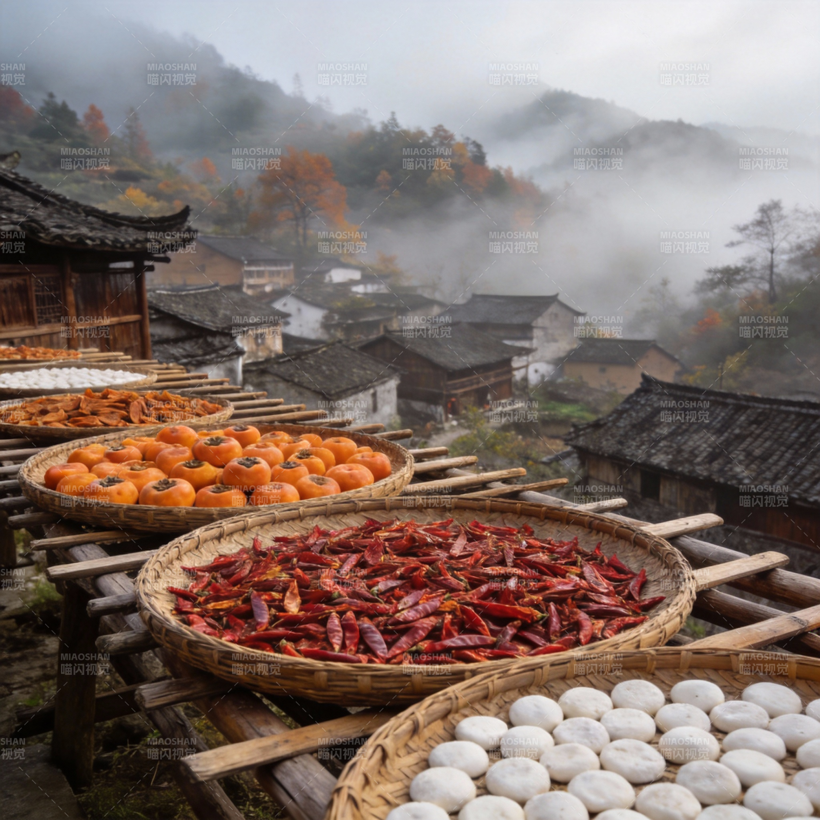 山间晒秋图图片