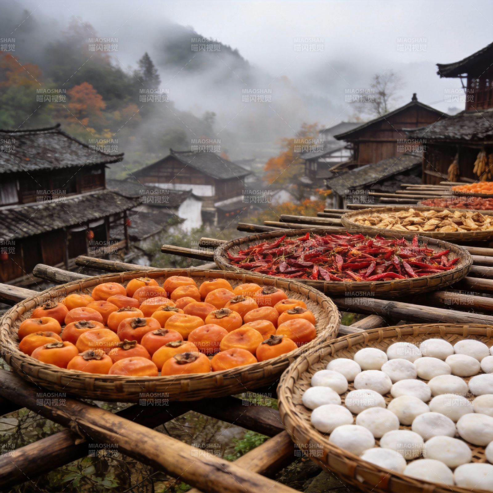 山间晒秋图图片