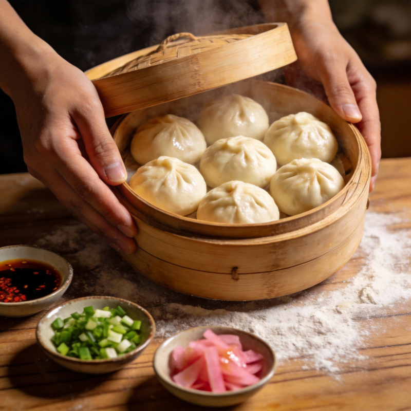 热腾腾的蒸包出笼图片