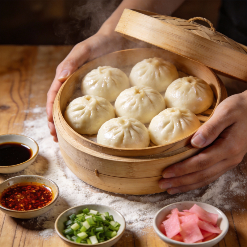 热腾腾的蒸包上桌图片