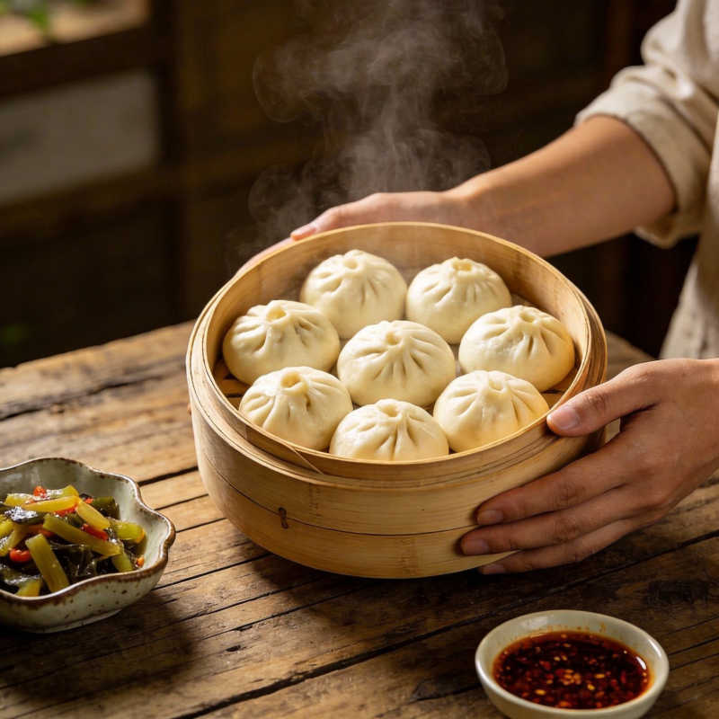 热腾腾的包子上桌图片