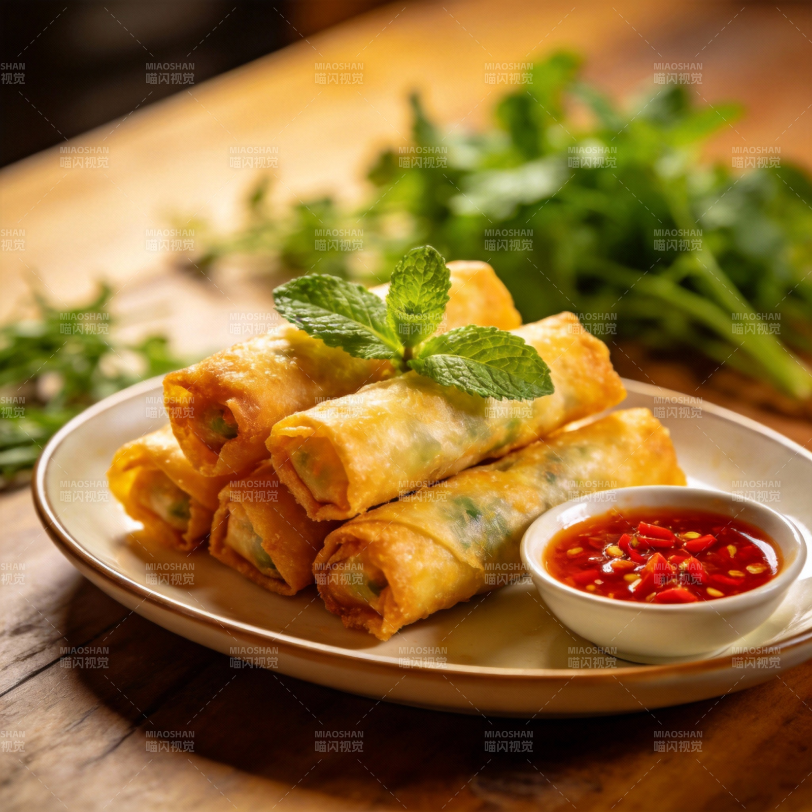 金黄春卷配辣酱图片