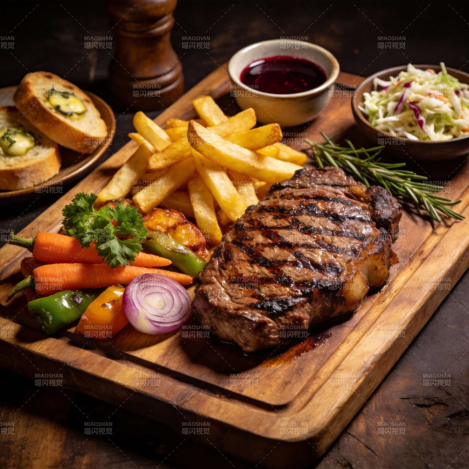 烤牛排配薯条蔬菜图片