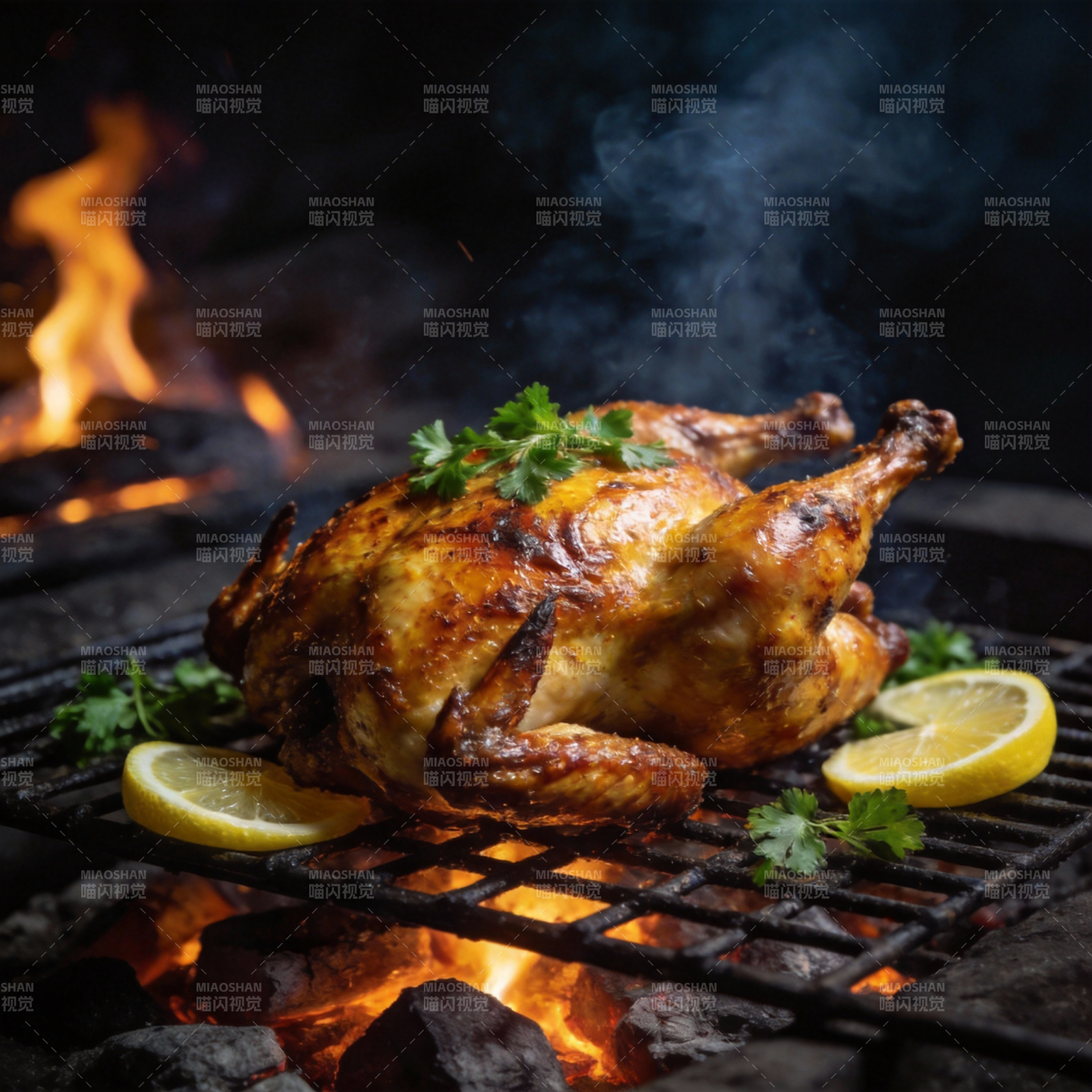 烤鸡火焰香飘图片