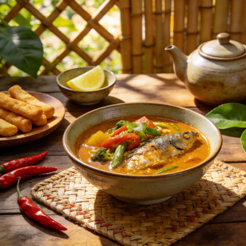 泰式鱼汤配蔬菜图片