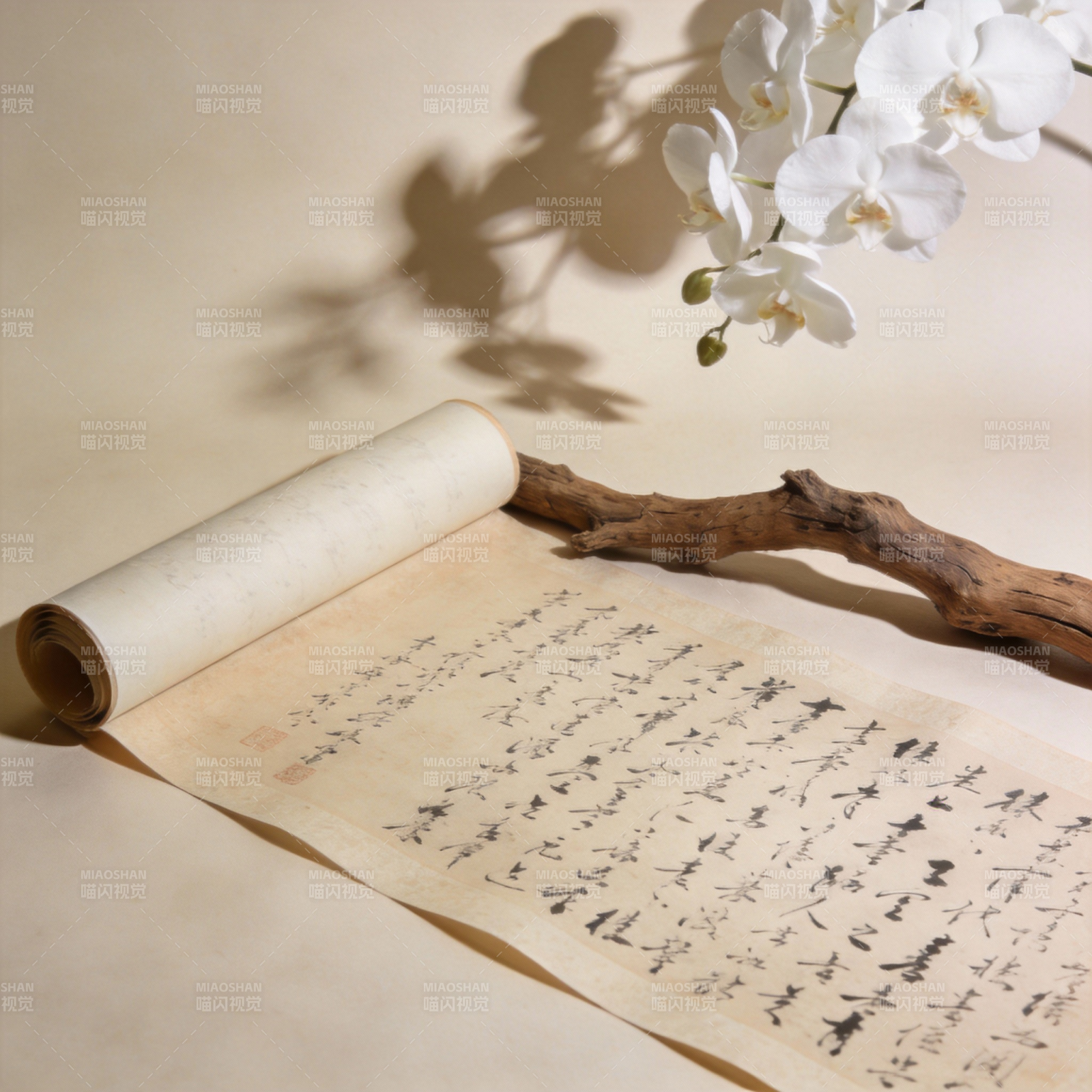 古卷墨香伴花影图片