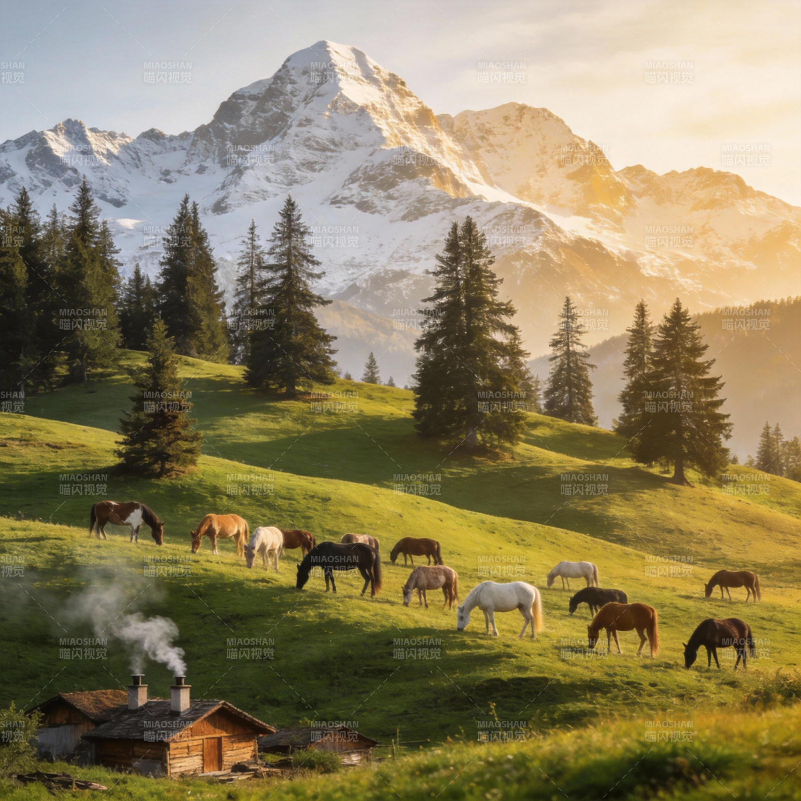 雪山下的马群图片