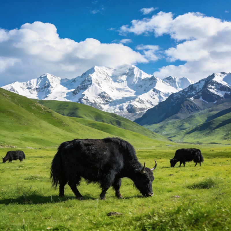 雪山下的牦牛牧场图片
