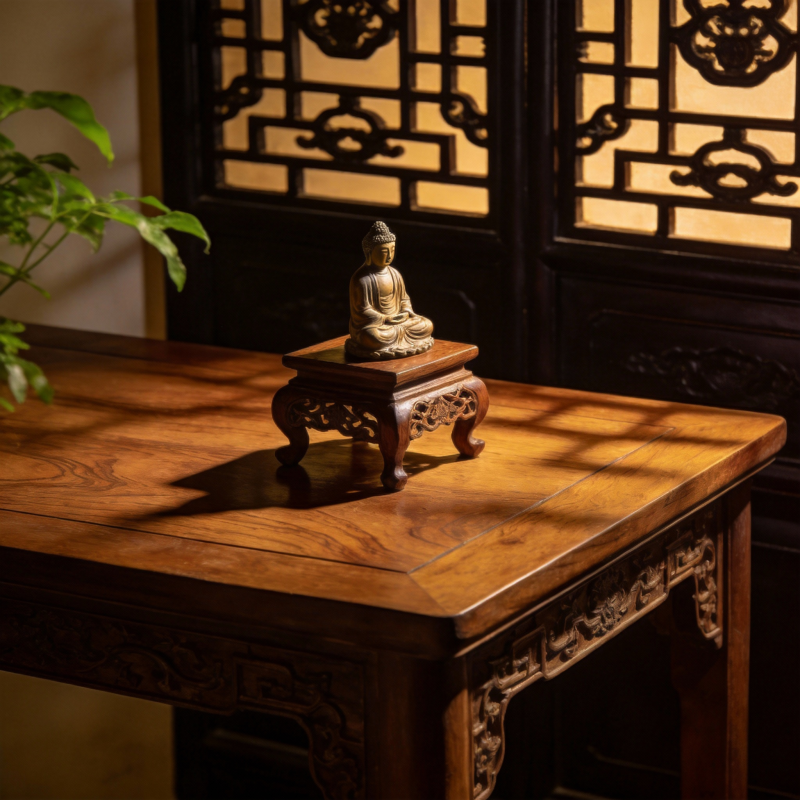 禅意木桌佛像静景图片