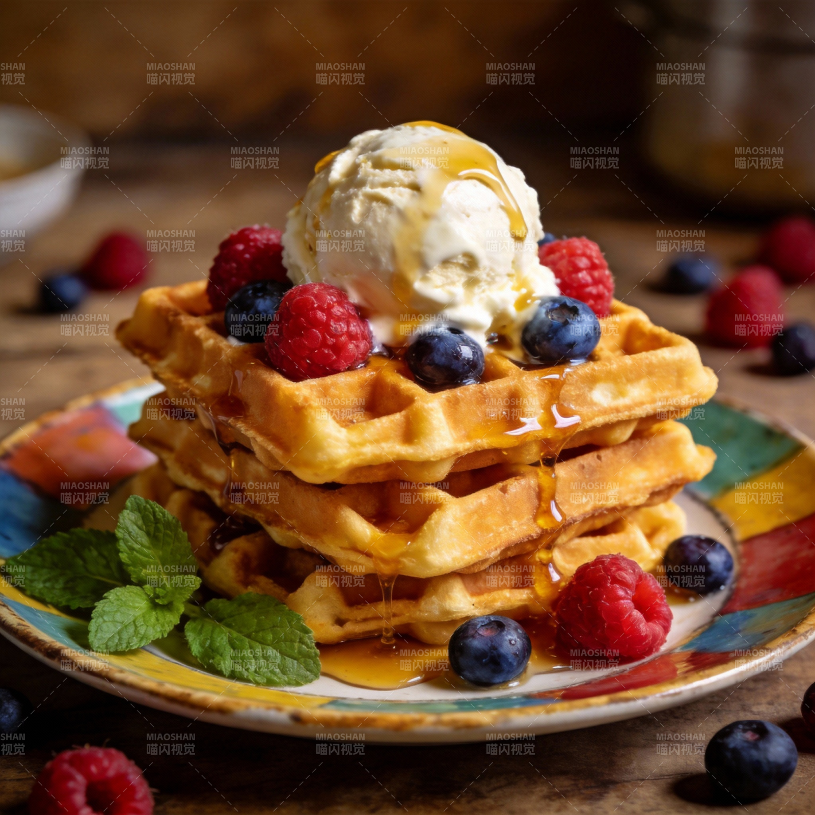 美味华夫饼配冰淇淋图片