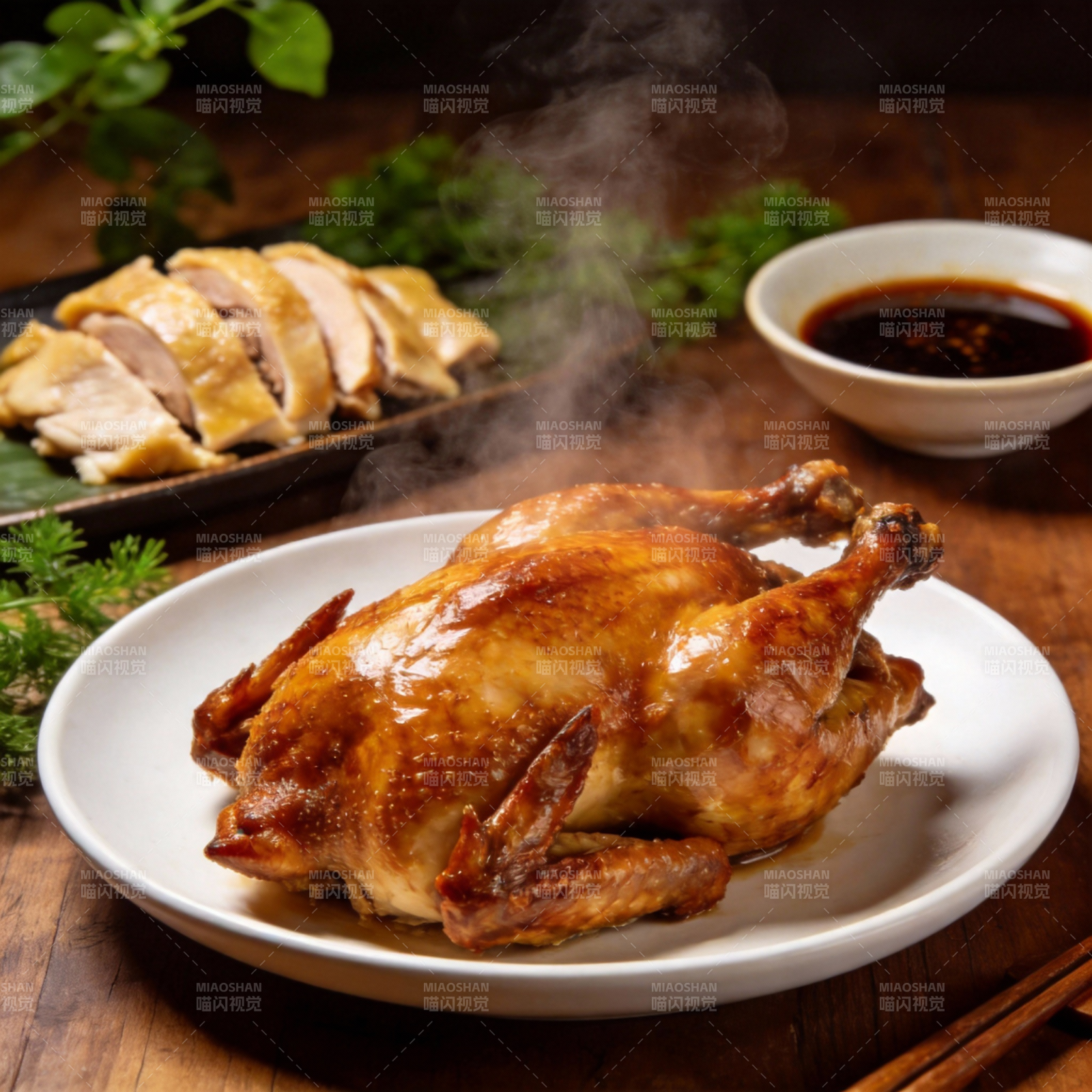 香酥烤鸡 热气腾腾图片