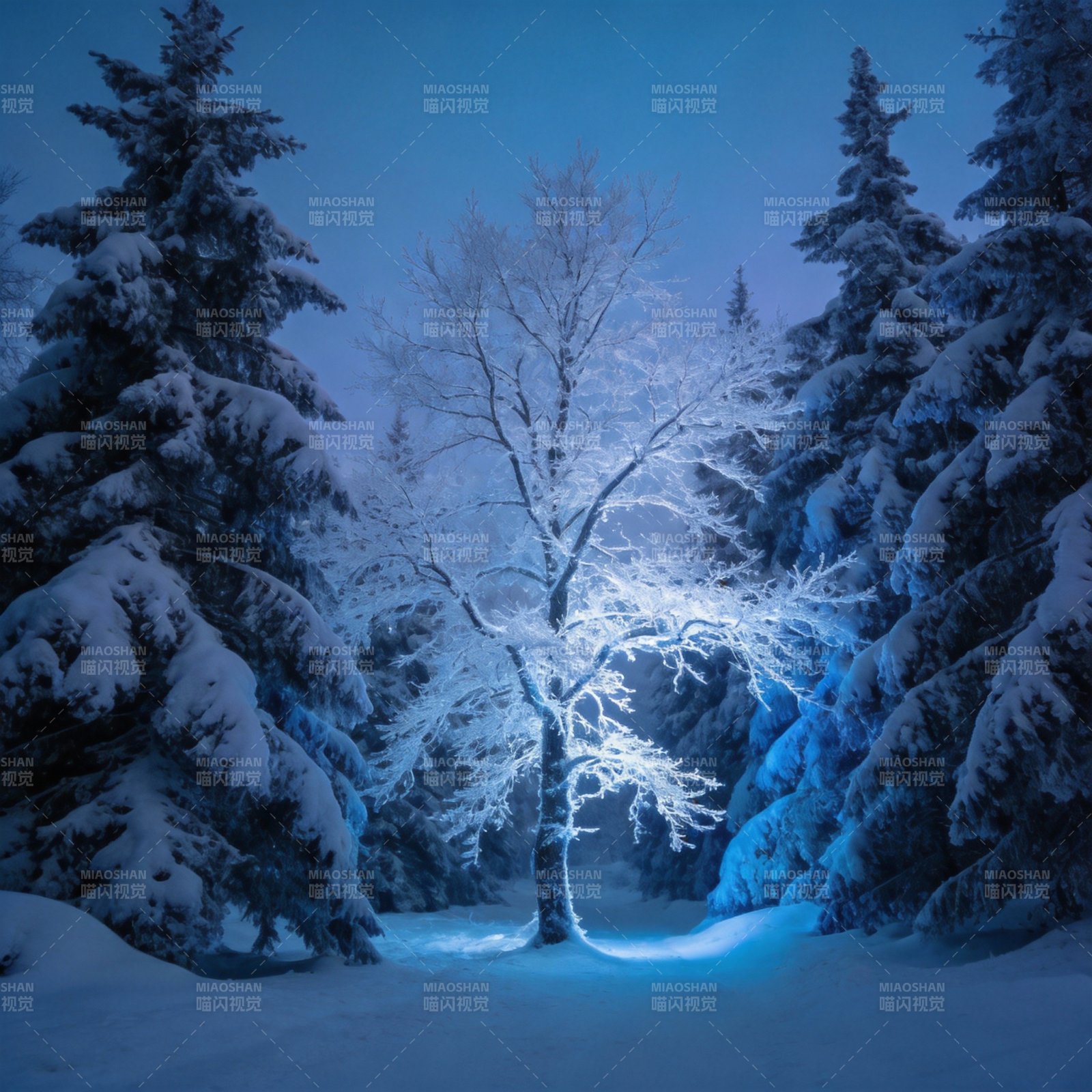 雪夜幽光树图片