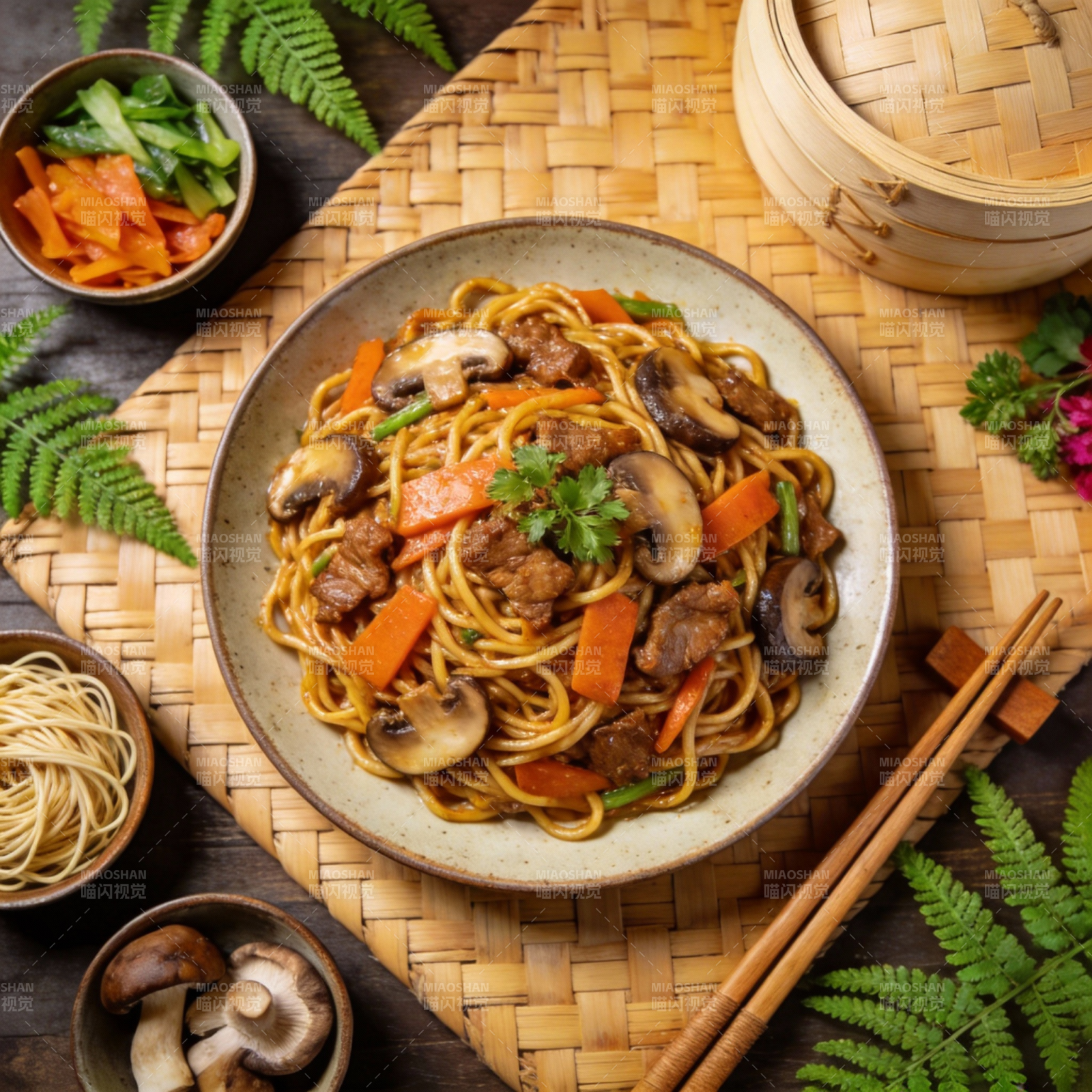 美味炒面配菌菇图片