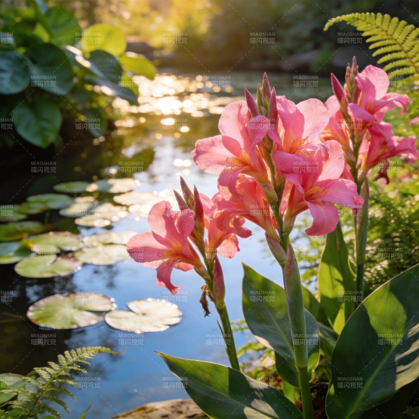 池畔粉花绽放图片
