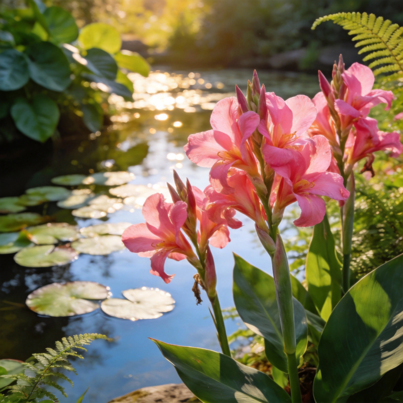 池畔粉花绽放图片