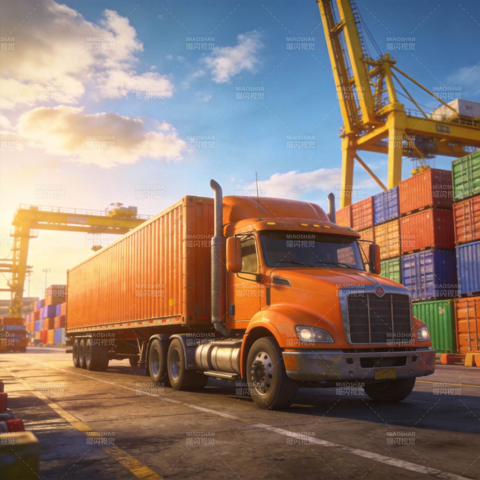 橙色卡车运货繁忙图片