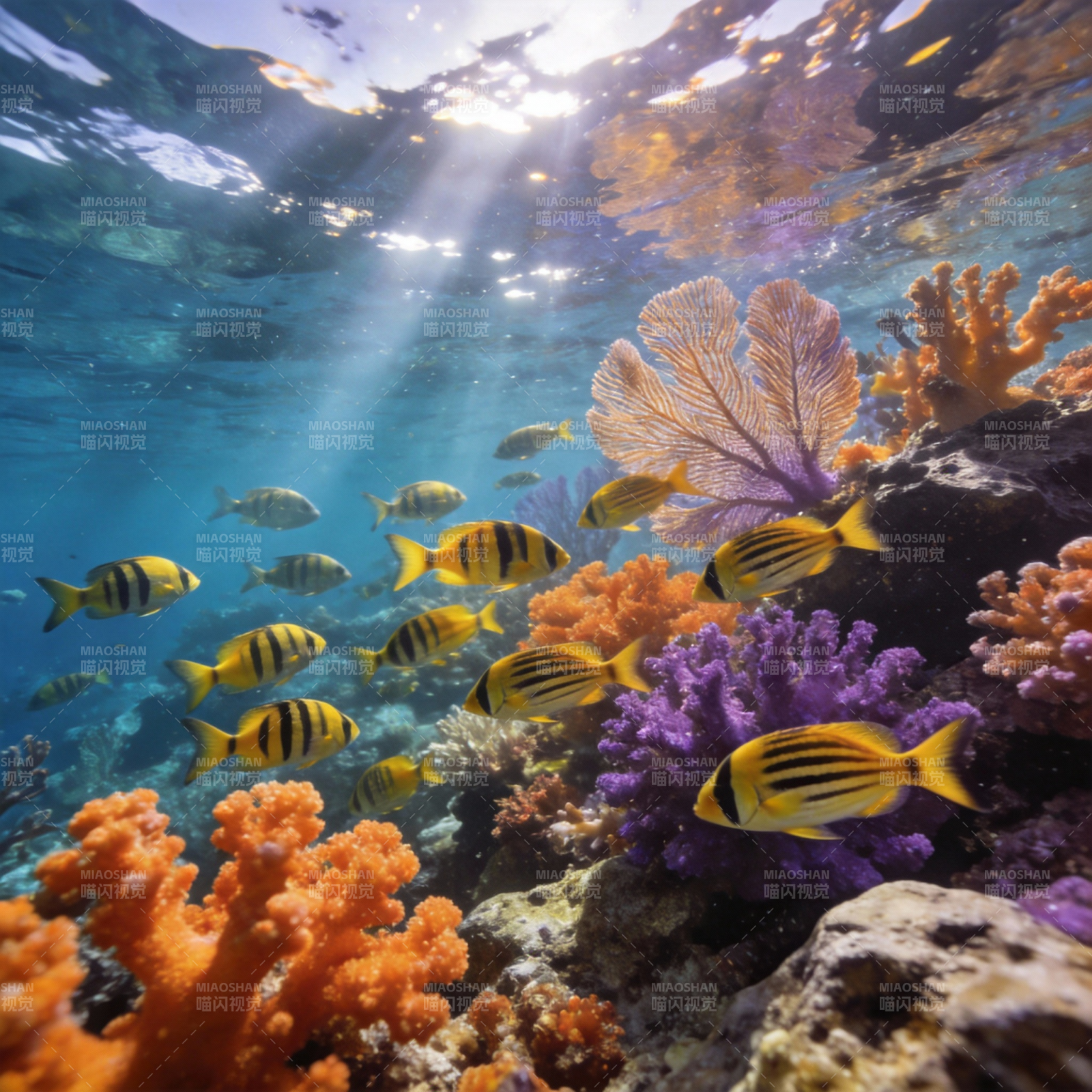 珊瑚礁鱼群游弋图片