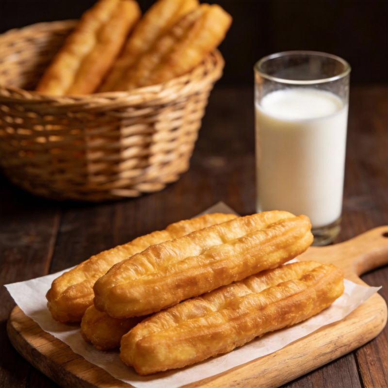 金黄油条配牛奶图片