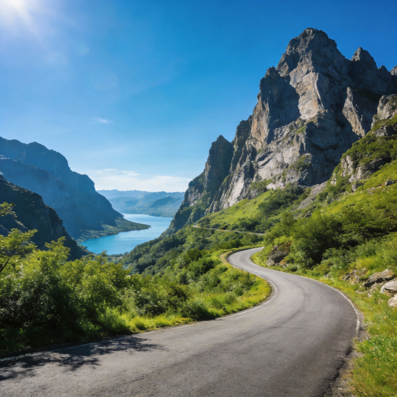 山间公路绕湖行图片