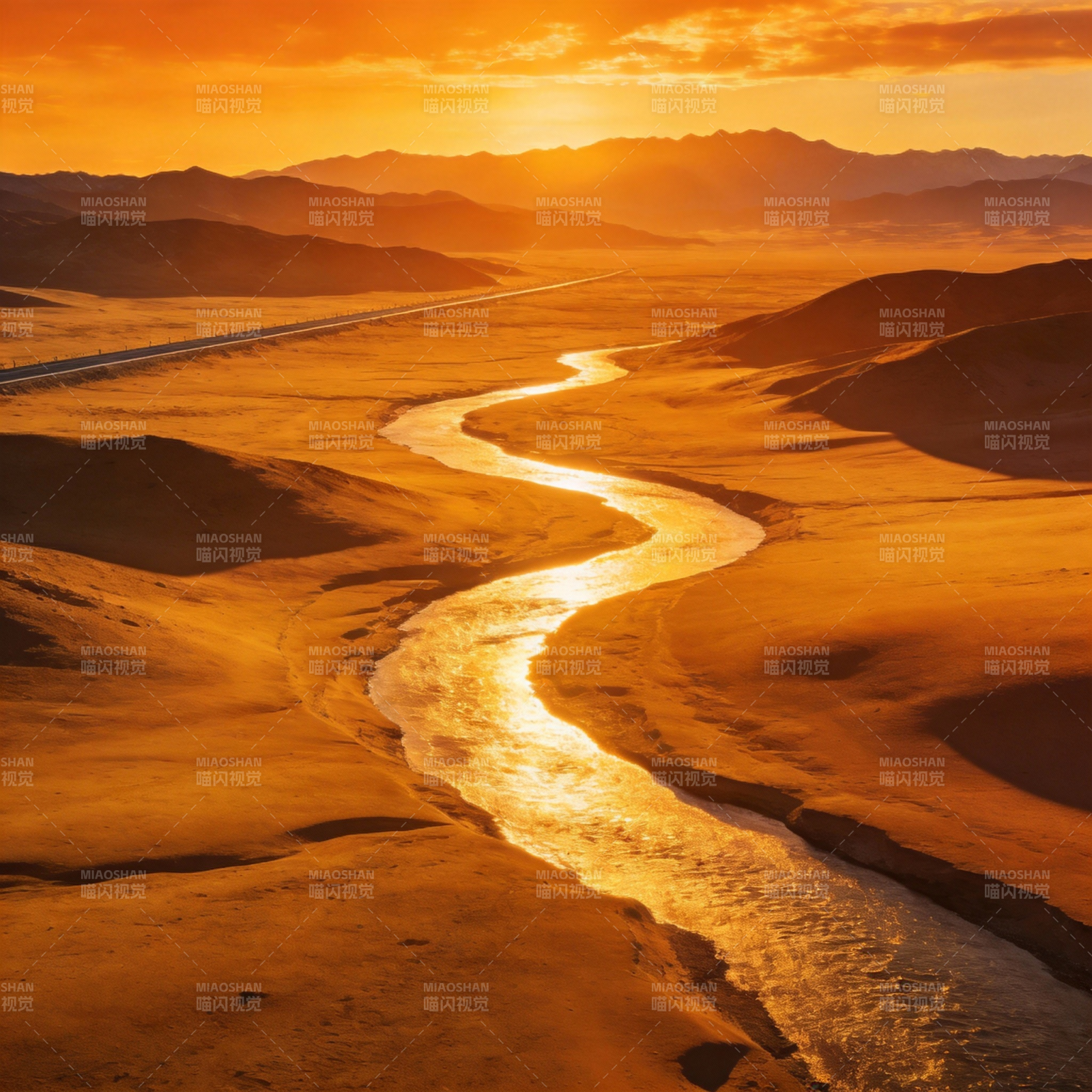 沙漠夕阳下的河流图片
