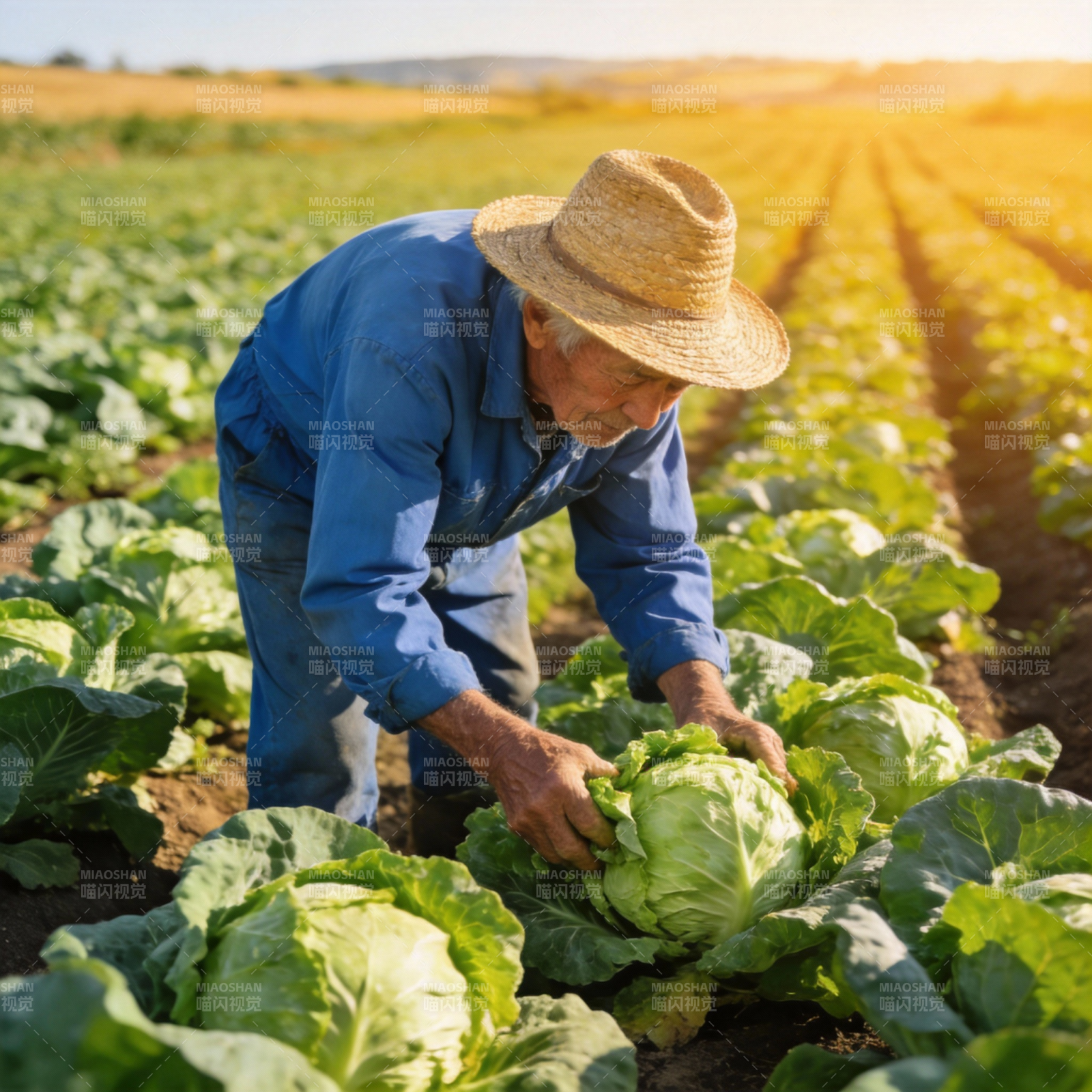 农夫田间采收白菜图片