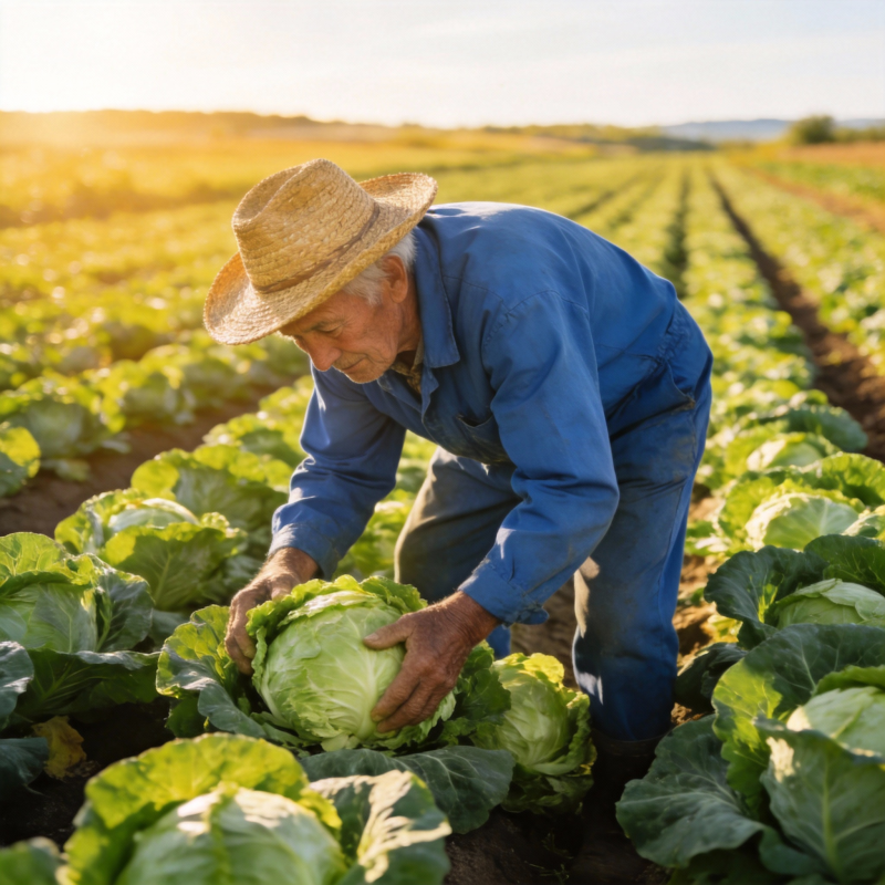 农夫田间采收卷心菜图片