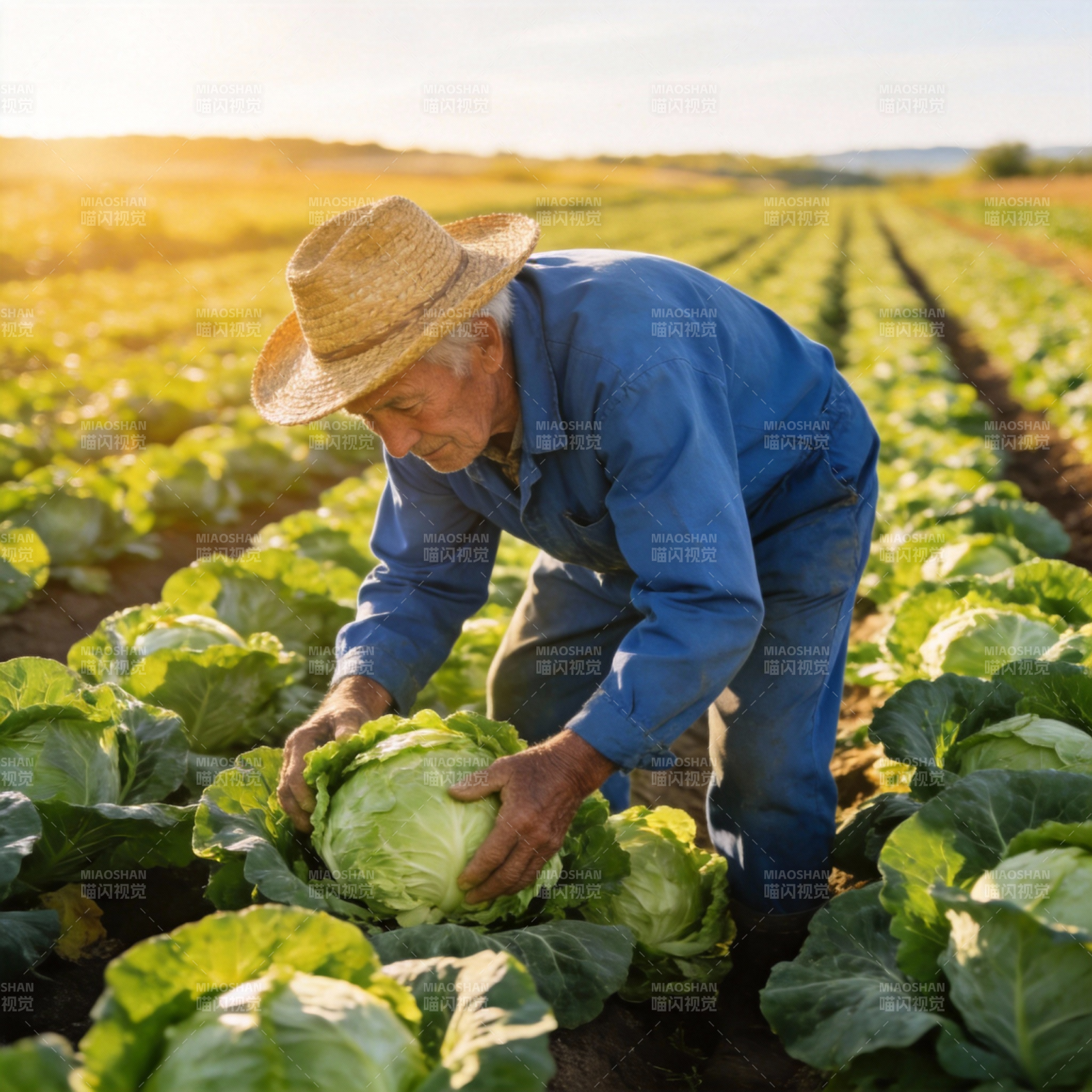农夫田间采收卷心菜图片