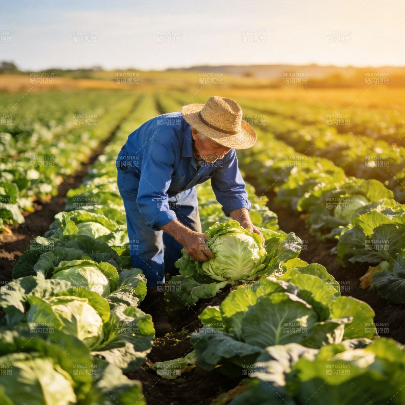 农夫田间采收白菜图片
