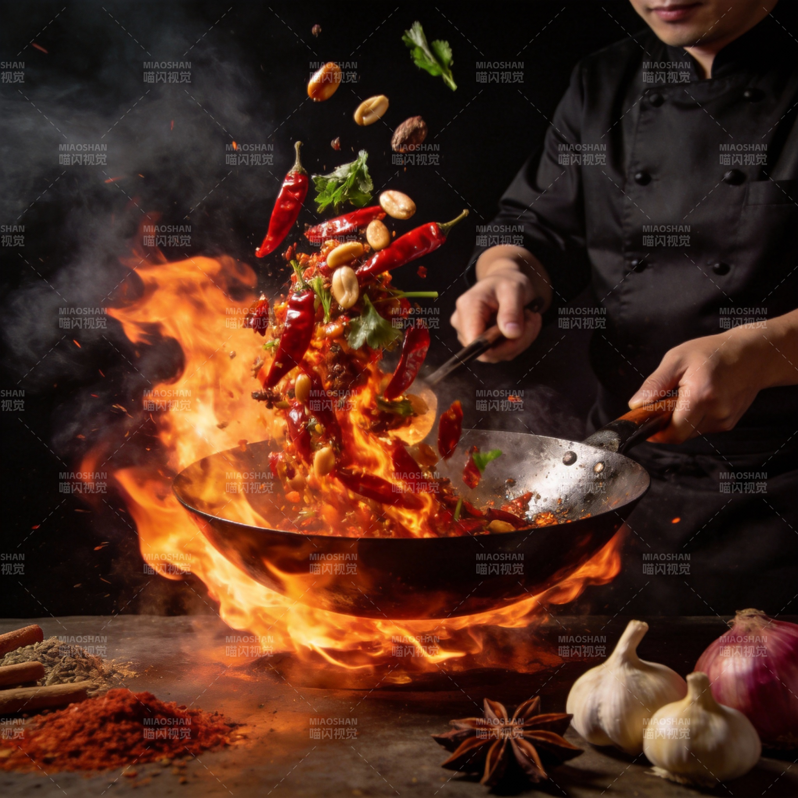 火焰炒辣味食材图片