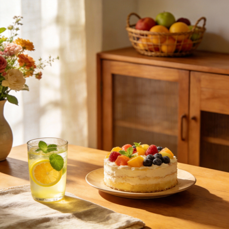 果香蛋糕与柠檬水图片