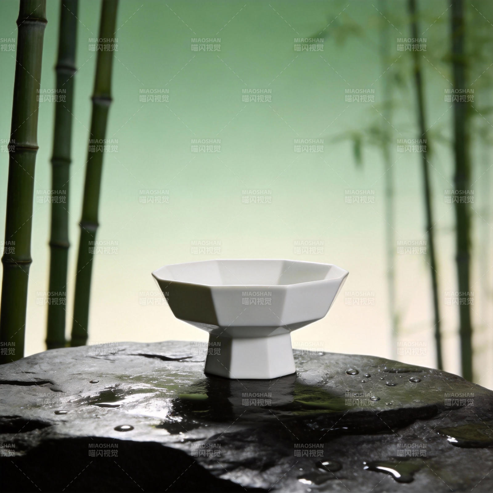 竹影禅意白瓷碗图片