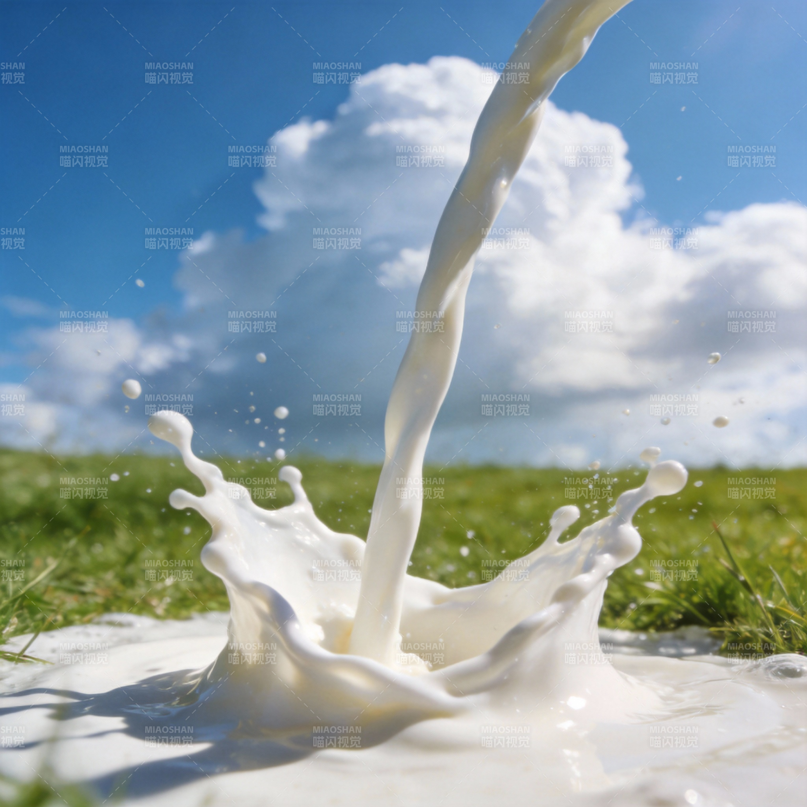 牛奶飞溅 蓝天绿草图片