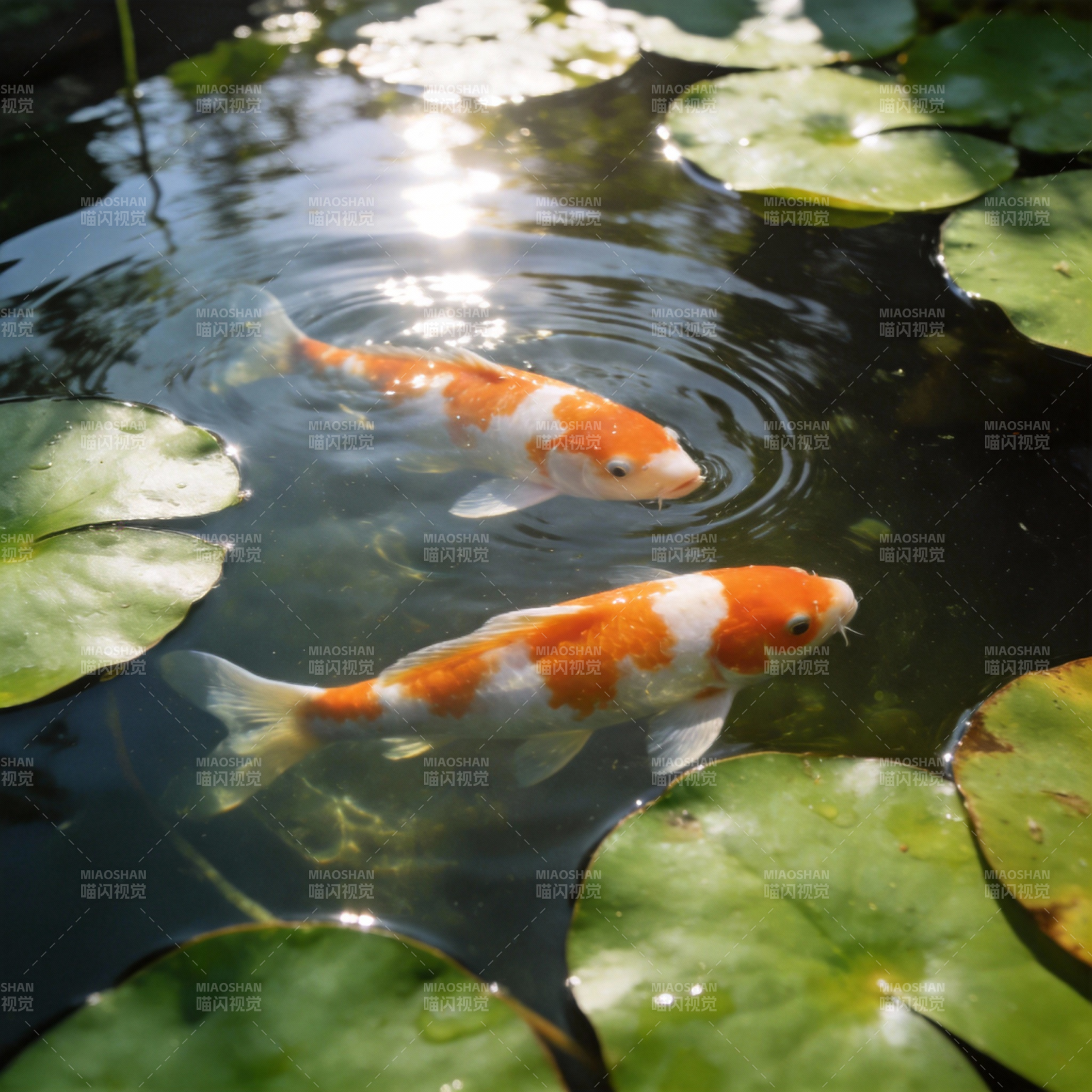 锦鲤戏水荷叶间图片